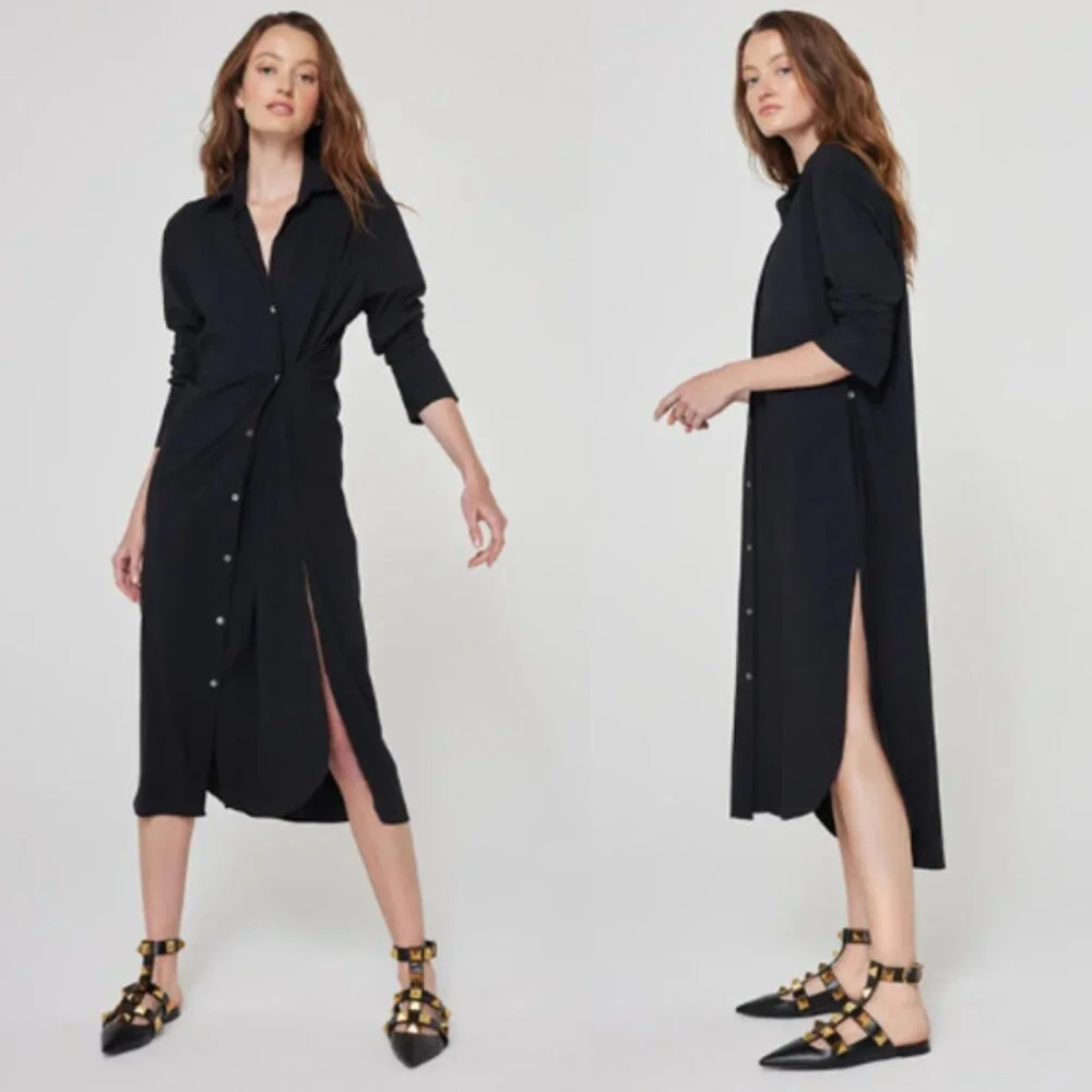 NWT Ona Olivia Long Sleeve Side Slits Oversized Convertible Shirt Dress Black